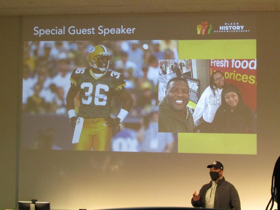 Guest speaker, former Packer player Leroy Butler, is seen here talking at the ASL/WCC Black History Acknowledgement event  Feb. 15 2022.