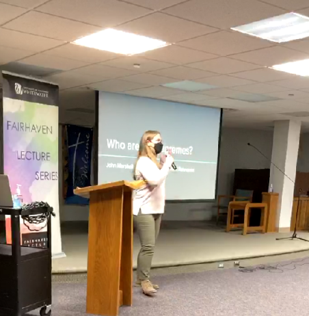 Associate professor Kimberly Nath speaks to attendees at Fairhaven Senior Services Feb. 21 about Loyalist Women in Revolutionary Philadelphia. 