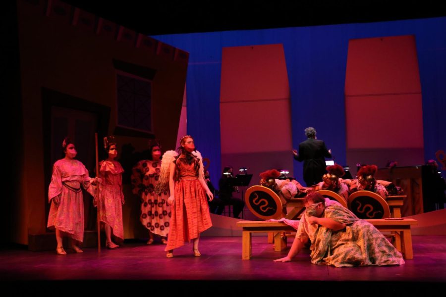 Sarah Keller plays Aello and Hunter Gebauer plays Phineus in the play of The Harpies, Tuesday Feb. 24, 2022.
