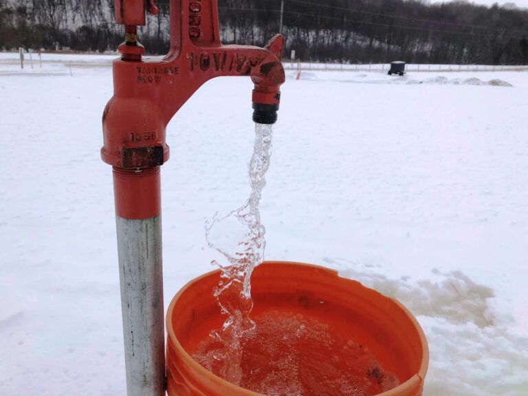 Buckets filled from a hydrant are carried 182 steps to water animals after the waterer froze. 