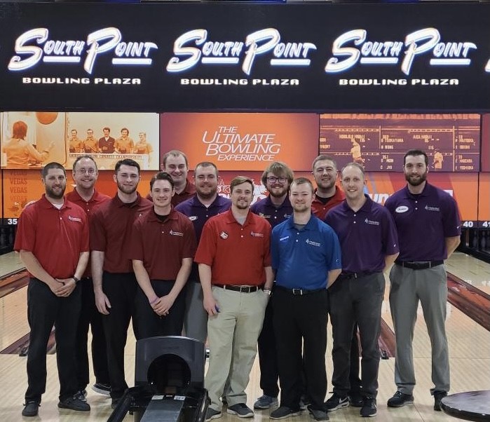 The team poses in front of the lanes at the South Point Bowling Plaza in Las Vegas, NV while attending the USBC Open Championships in 2021.