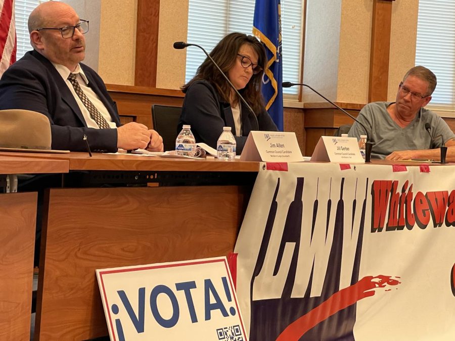 Common Council candidates Jim Allen, Jill Gerber and Chuck Mills answer questions from the public in a forum at Whitewater City Hall Saturday, March 12. 