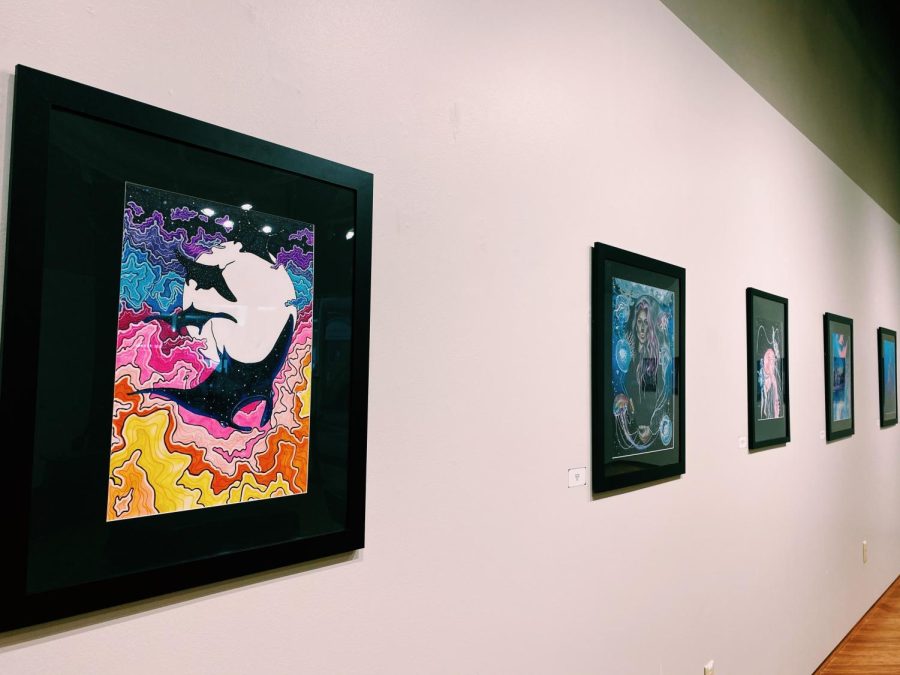 Pictured on the far left is a piece entitled, Swimming Constellations, followed by another piece called, Moon Jellies.
