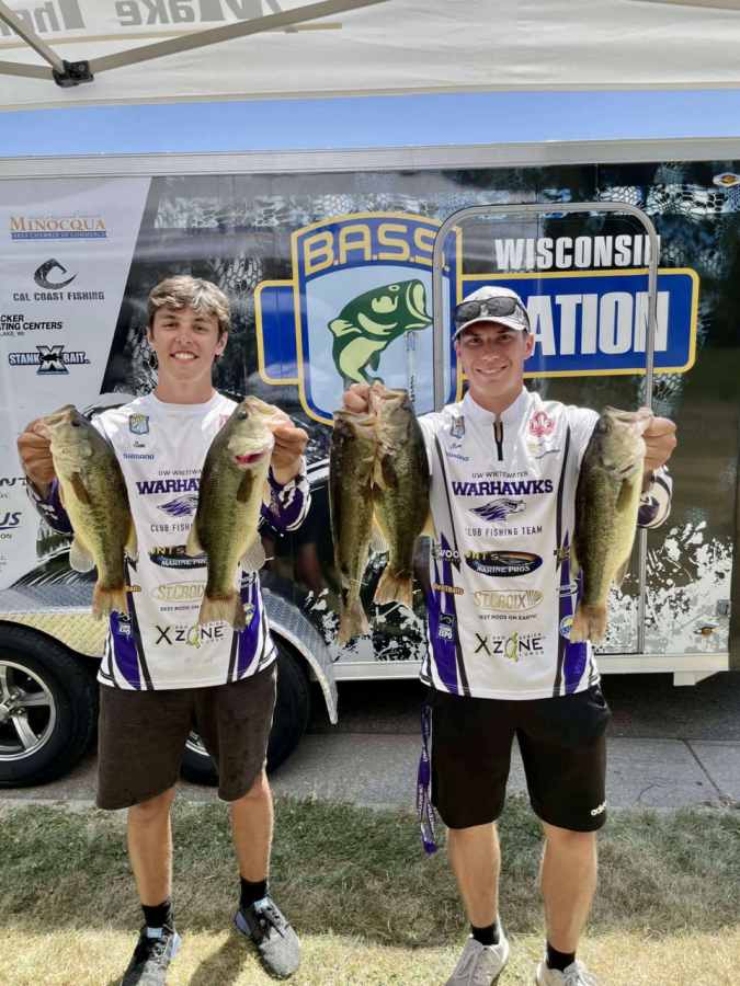 Noah Tiber on the Left and Kip Cunningham on the right showing off the fish that they caught during the 2021 Wisconsin bass nation event.
