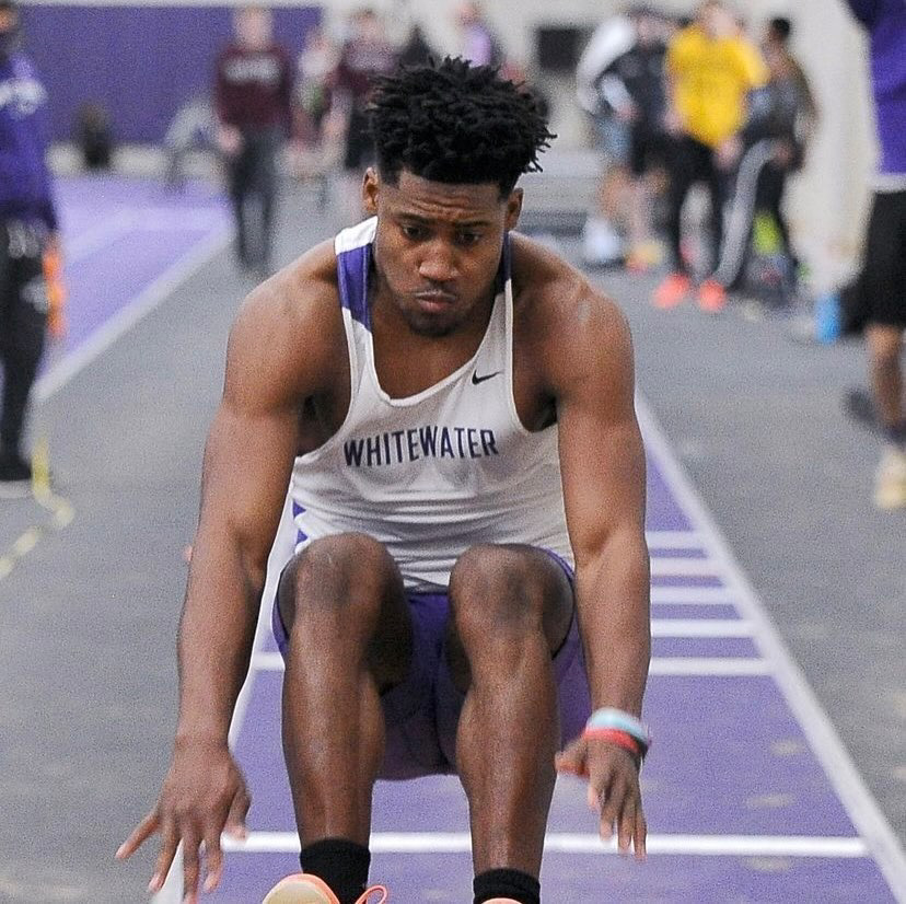 Shelvin Garrett competes in the triple jump at the Warhawks home indoor track facility Kachel Fieldhouse 