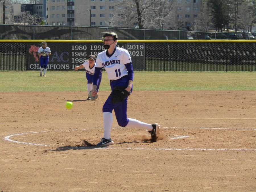 UW-Whitewater pitcher Mallory Hollatz is seen here pitching against Carthage College at the Van Steenderen Complex Apr. 21 2022.