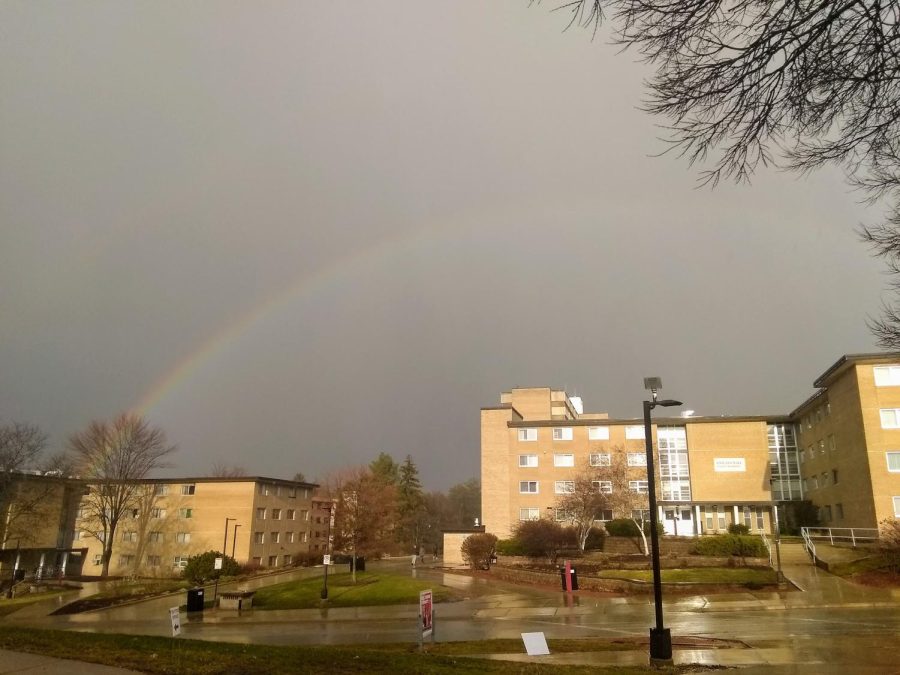 A rainbow appears over the Wells dorms at UW-Whitewater.