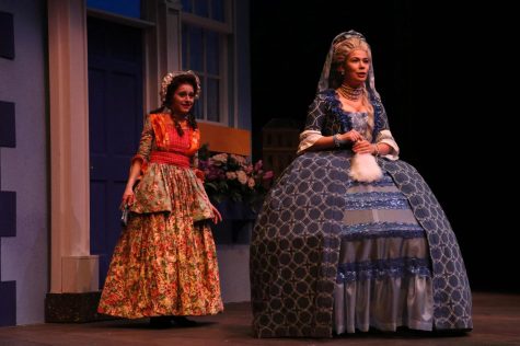 Makayla Fedler (right) and Valerie Gyorke perform in the Barnette Theater for the production of the Busybody. 