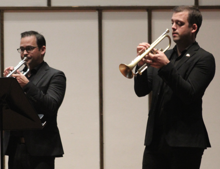 Professors+Mathew+Onstad+and+Chris+Ramaekers+play+trumpet+at+the+Music+Mosaics+Faculty+Showcase+Sept.+24+2022.