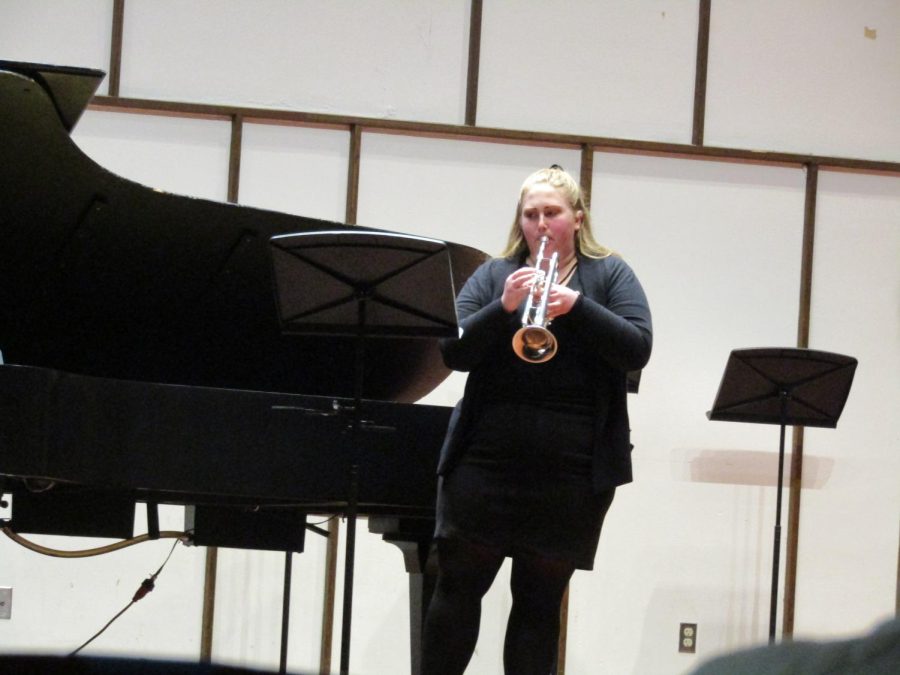  UW-Whitewater student, Cassie Parrell, is seen here playing a piece by Lara Poe called Aiguille at the Trumpet Studio Recital at Light Recital Hall Mar. 18 2022.