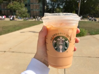 Archived photo from September 19, 2021 of Pumkin Chai Latte from Deloitte Cafe in the Timothy J. Hyland hall