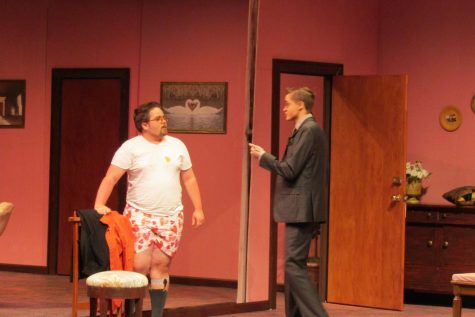 In UW-Whitewater’s performance of the Perfect Wedding at Barnett Theater, Tom(Harry Heinrich) scolds his friend Bill(Carter Waelchli) about the sticky situation he got himself into before his wedding Oct. 10 2022.