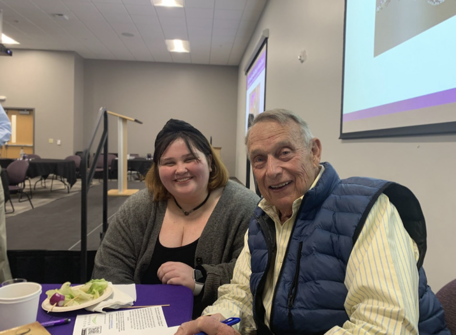 UW-Whitewater student, Caryana Dominguez, meets Marty Schreiber, former governor, for a night discussion on Alzheimers, at the Whitewater Community and Engagement Center.  Marty Schreieber, signs her book, as well as many others too.
