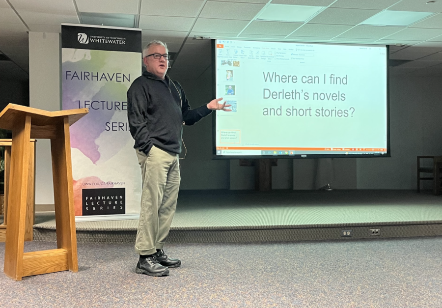 UW-Whitewater at Rock County English professor John Pruitt talks about Wisconsin author August Derleth with the audience at Fairhaven Senior Services Monday, Sept. 26, 2022. 
