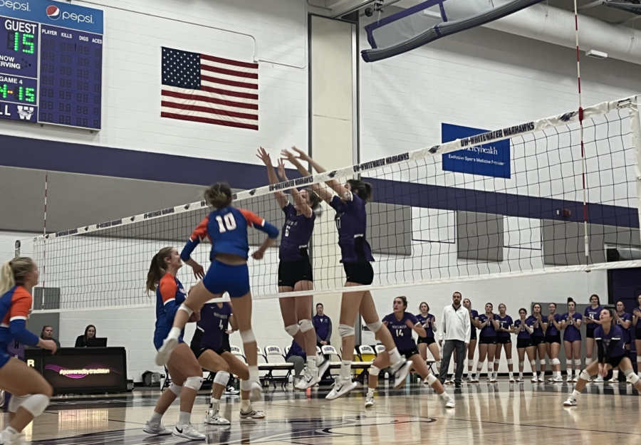 Hannah Proctor (#6) and Jenna Weinfurt (#17) jump to block a shot by UW-Plattevilles Claudia Johnson (#10) inside the Kris Russell Volleyball Arena on Oct. 4, 2022. 
