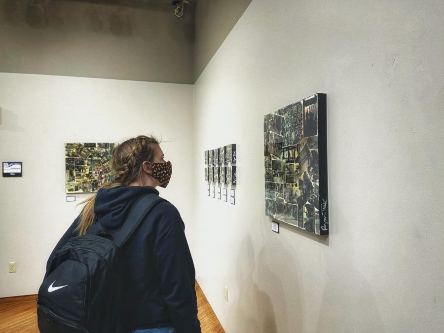 Nichole Learman stares at the Street Scenes by artist Ryan Tucker in the University Center on Campus – Kylie McCombe Oct. 11, 2022
