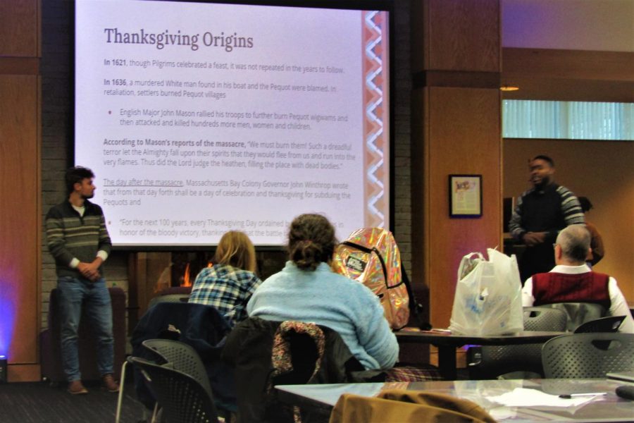People gather at the UW-Whitewater Warhawk Connection Center to listen to a presentation on the origins of Thanksgiving Nov. 22 2022.
