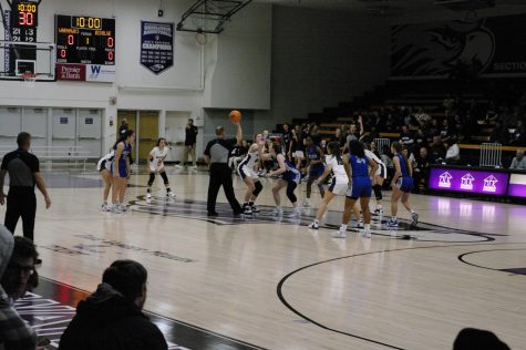 UW-Whitewater and Millikin University players get ready for the game tip off at Kachel Gymnasium Nov. 12 2022.  