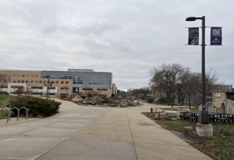 Empty sidewalks leading to the UC center on the Whitewater campus.