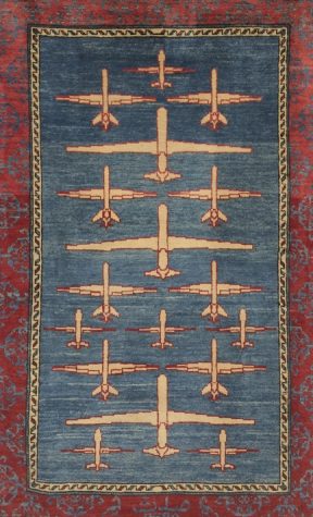  Reaper and Predator Drone Imagery on Blue Abrash Ground, Afghanistan, 2016. Wool. Collection of Kevin Sudeith. Photo: Gund Gallery.
 
