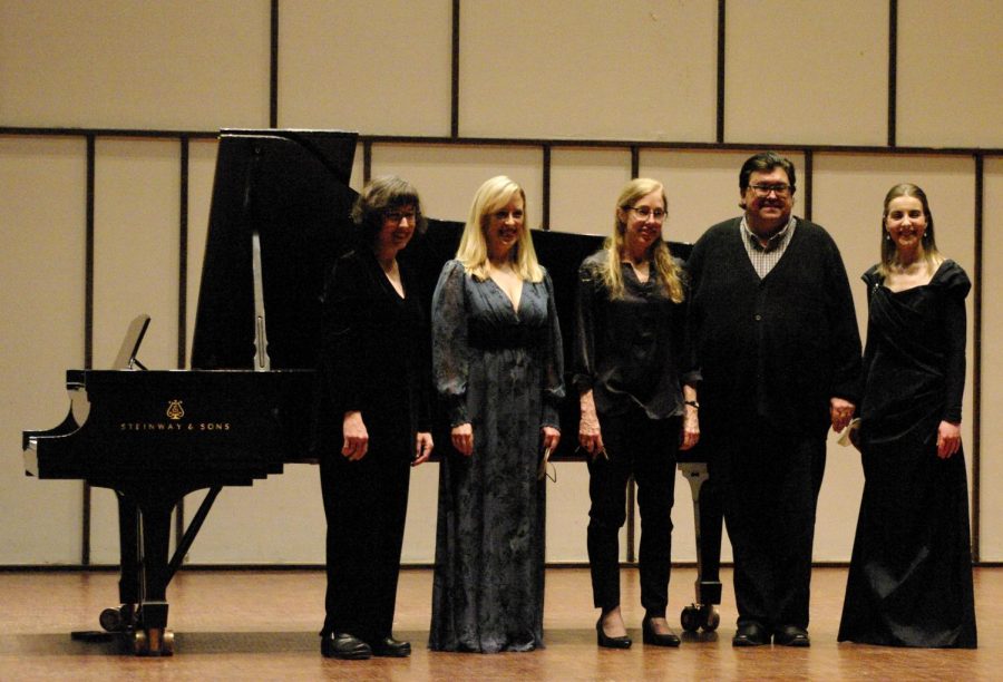 From left to right, Sarah Genrenbeck, Ann Hersey, Karen Boe, Brian Leeper, and Rachel Wood pose together after the Scandinavian Songs performance in UW-Whitewaters Light Recital Feb. 4 2023.