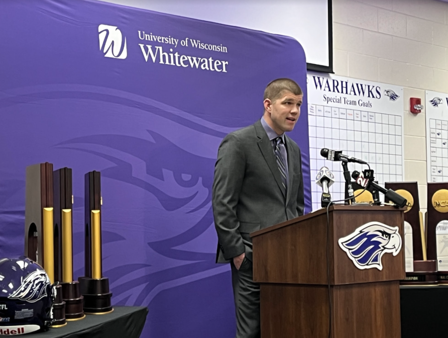 Newly+hired+UW-Whitewater+football+head+coach+Jace+Rindahl+addresses+the+media+and+Warhawk+coaches+and+players+inside+the+Bob+Berezowitz+Student+Athletic+Center+in+a+press+conference+Feb.+9%2C+2023.+%0A
