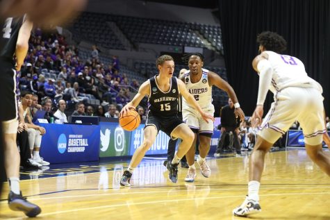 Delvin Barnstable dribbles towards the hoop in the UW-Whitewater versus Mount Union Final Four game in Fort Wayne, Indiana, March 16, 2023.
