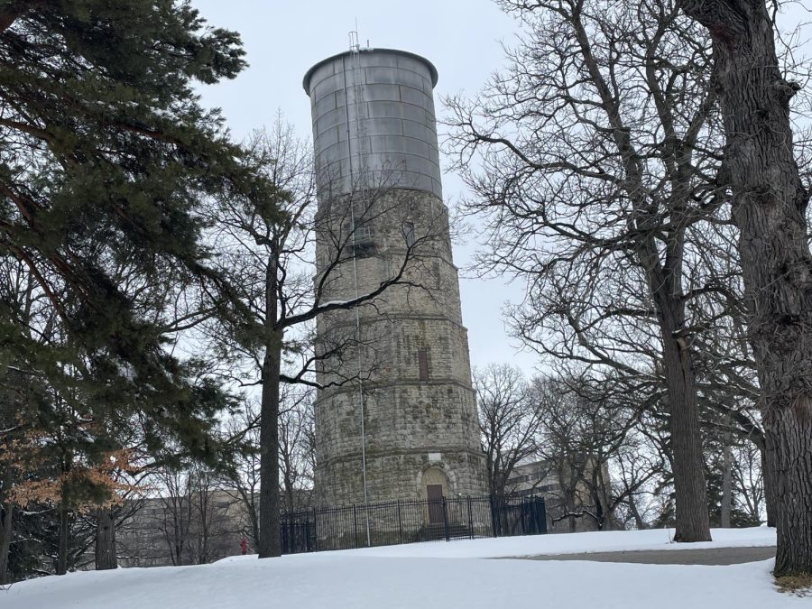 Snow can be seen in this image atop the water-tower on Starin.