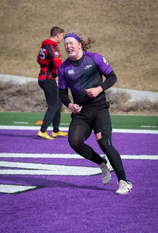 :Warhalk Brian Hanrahan, a psychology major from Wauwatosa, celebrates as he scores against UW-Stevens Point in club rugby at Perkins stadium on Saturday, Mar. 18, 2023