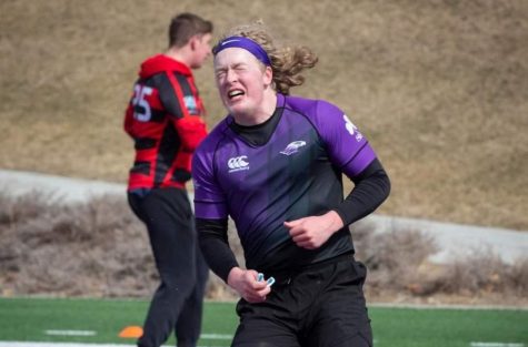 :Warhalk Brian Hanrahan, a psychology major from Wauwatosa, celebrates as he scores against UW-Stevens Point in club rugby at Perkins stadium on Saturday, Mar. 18, 2023