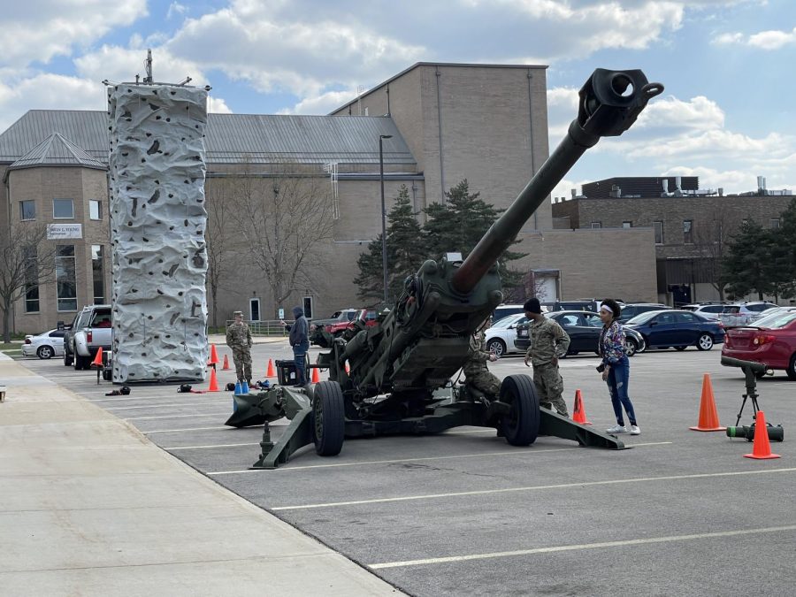 A howitzer on display is an artillery weapon that falls between a cannon and a mortar. 