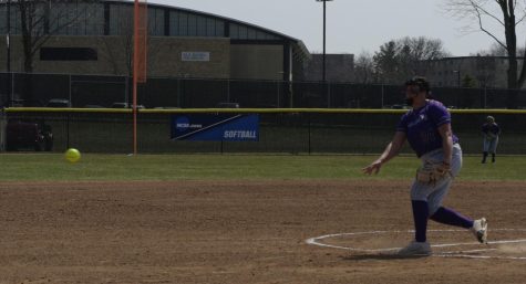  UW-Whitewater Warhawk Maddy Anderson pitches against UW-Platteville at the Van Steenderen Softball Complex Apr. 7th 2023.
