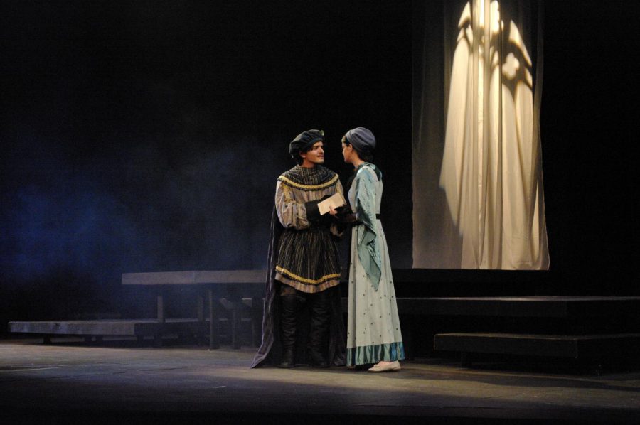 Seen here Macbeth portrayed by Antonio Parra and Lady Macbeth portrayed by Erin Mckee share the stage during Macbeth presented by the UW-Whitewater College of the Arts in Barnett Theatre Apr. 24 2023.
