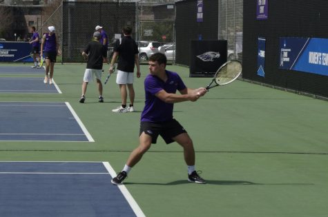 Chase Lindwall goes for a backhand return during his doubles match against Stevens Point on Friday April 14th at Whitewater tennis complex
(John Hynst)