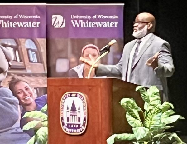 UW-Whitewater Chancellor Corey A. King speaks to campus staff about 2022-23 accomplishments as well as budget plans for the 2023-24 academic year, during the Chancellor Welcome Address held in Young Auditorium on Aug. 29, 2023. 