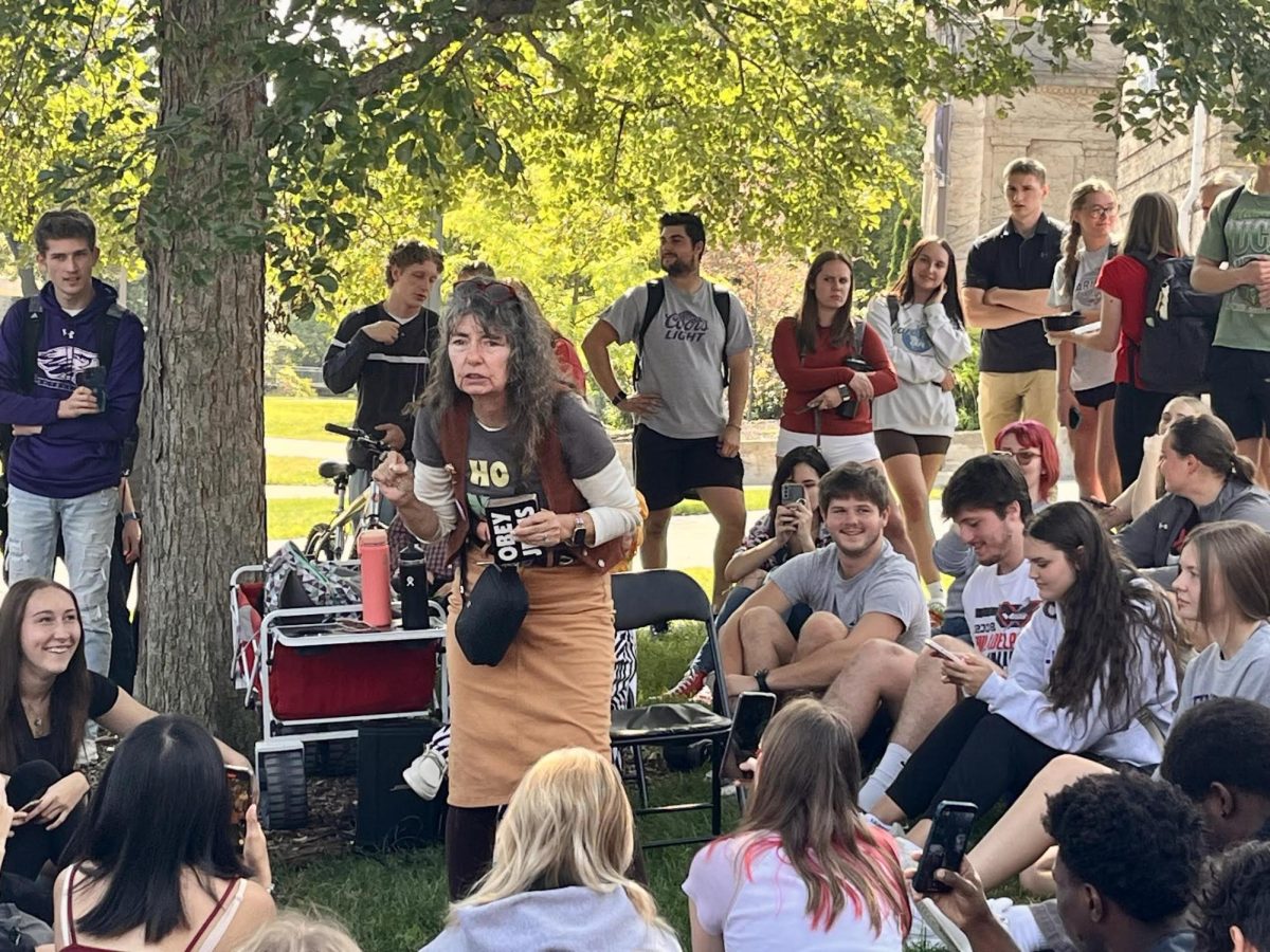 Sister Cindy talks to students on the lawn of the UW-Whitewater campus Wednesday, Sept. 20, 2023. 