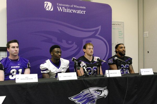 Warhawk football press conference, from left to right: Jeff Isotalo-McGuire, Tamir Thomas, Hawk Heffner, Roy Panthier.