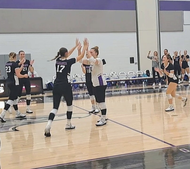UW-Whitewater Women’s volleyball players celebrate a point won against Millikin University in the Kris Russell Volleyball Arena in UW-Whitewater’s Williams Center Sat. Sept. 30 2023. 