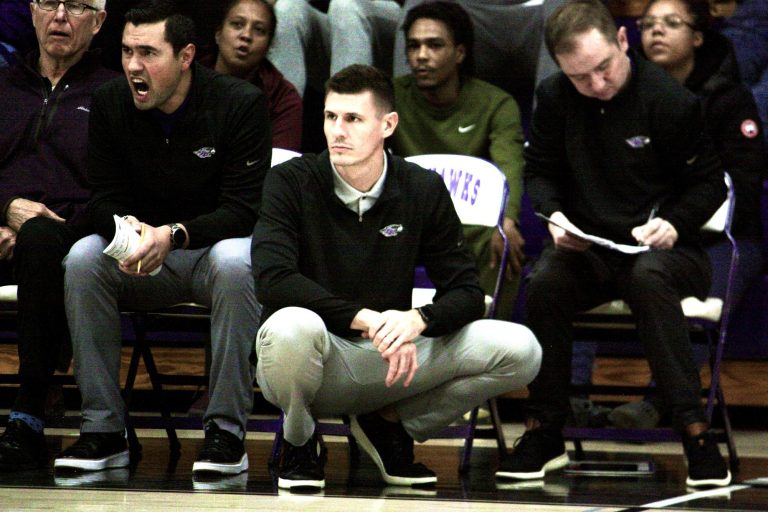 Head coach, Jarod Wichser, coaches the Warhawks to a 86-77 win against the Pioneers in Kachel Gymnasium on Wednesday night
