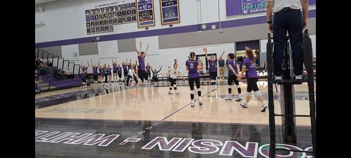 UW-Whitewater+women%E2%80%99s+volleyball+players+celebrate+match+victory+over+UW-River+Falls+in+the+WIAC+semi-final+in+the+UW-Whiterwater+Kris+Russell+Volleyball+Arena+Nov+9+2023