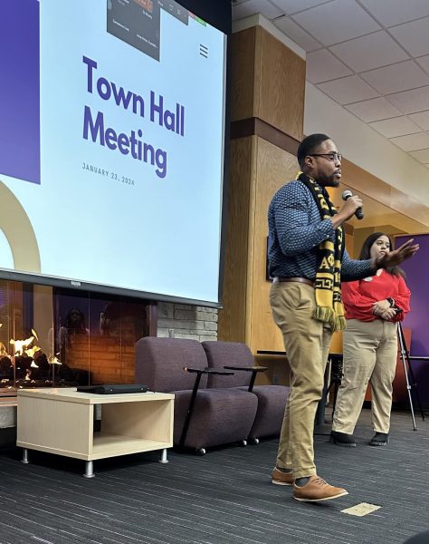 Deyounte Ramsey speaks at the town hall meeting in the Warhawk Connection Center on Jan. 23, 2024. 
