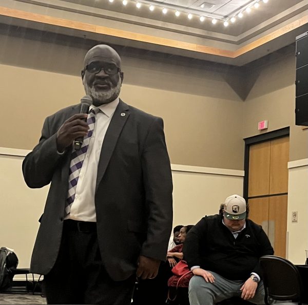 UW-Whitewater Chancellor Corey King discusses campus safety following the neo-Nazi demonstration on Jan. 21 during the town hall meeting on Jan. 30, 2024.

