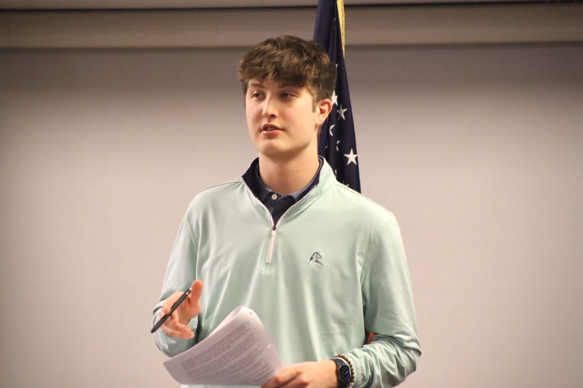 Speaker of the Senate Jack Fadness talks to the room at the second Whitewater Student Government meeting of the semester Monday evening February 5, 2024.