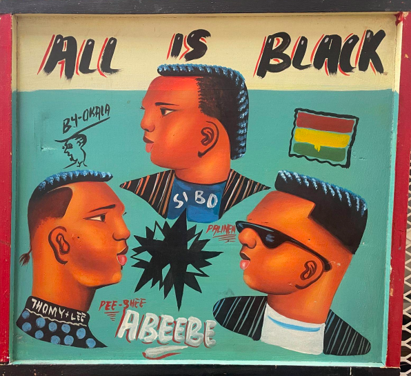 “Okala All is Black (Ghanaian barber shop sign)” on display in the Crossman Gallery exhibit of Embodiment of Ebony. 
