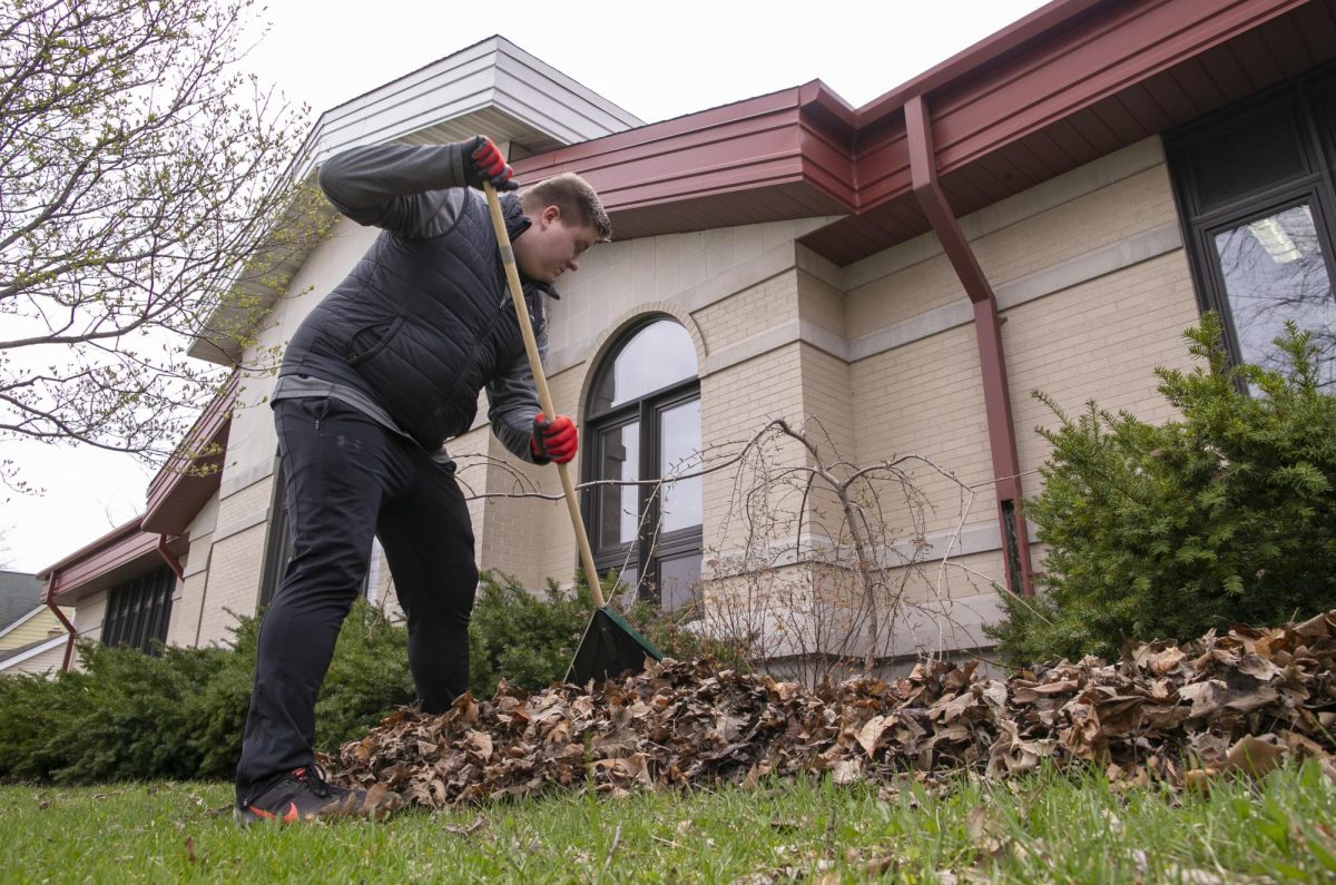 Will Hinz of Lambda Chi Alpha rakes leaves from the ornamental beds around the Irvin L. Young Memorial Library, Whitewaters public library. Hinz is a communication major from Combined Locks. “Lambda Chi Alpha has a house in the city. We want to be seen contributing to the city’s cleanup and its growth and its beautification. We are part of the community.” It was Make a Difference Day for UW-Whitewater students, who made friends as they cleaned, and planted in their adopted community on  Friday, April 29, 2022.