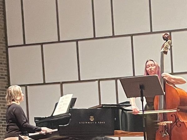 Claudia Acosta, senior string bass player, played the song “Una Larme” by Gioachino Rossini while accompanied by Lannette Calhoun who played the piano. 
