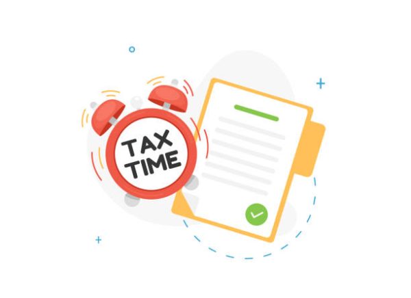 Tax time illustration with document in folder and alarm clock in flat design