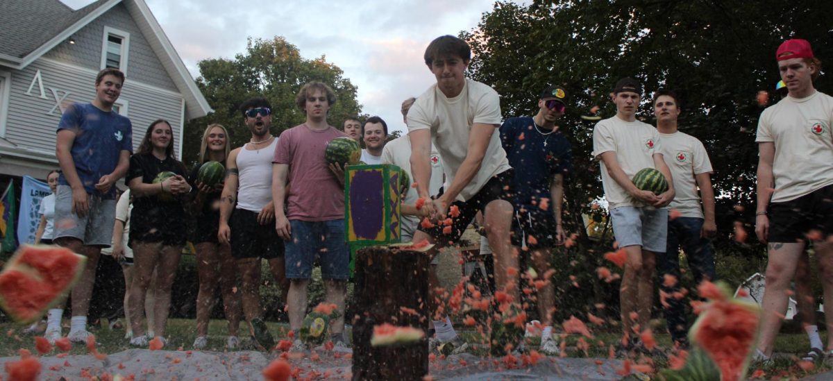 Lambda Chi Alpha member Spencer Weirsma smashes a watermelon.