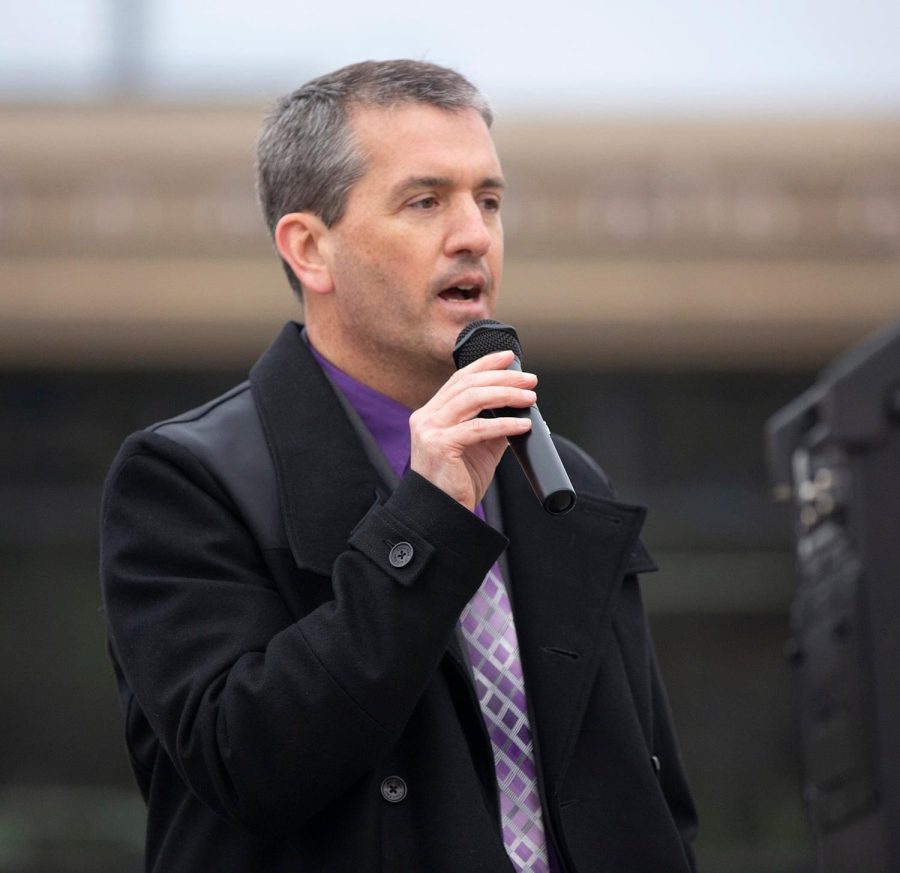 Pictured is John Chenoweth speaking at the unity walk held on campus. (Picture taken by Craig Schreiner)