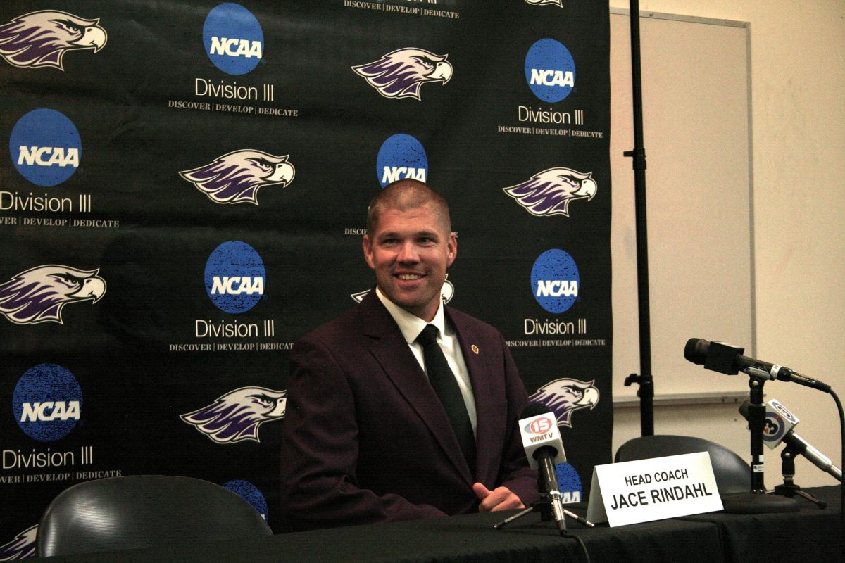 UW-Whitewater Football Head Coach Jace Rindahl Talks excitedly about his plans for the upcoming season at Warhawk Football Media Day Tuesday, Aug. 27. 